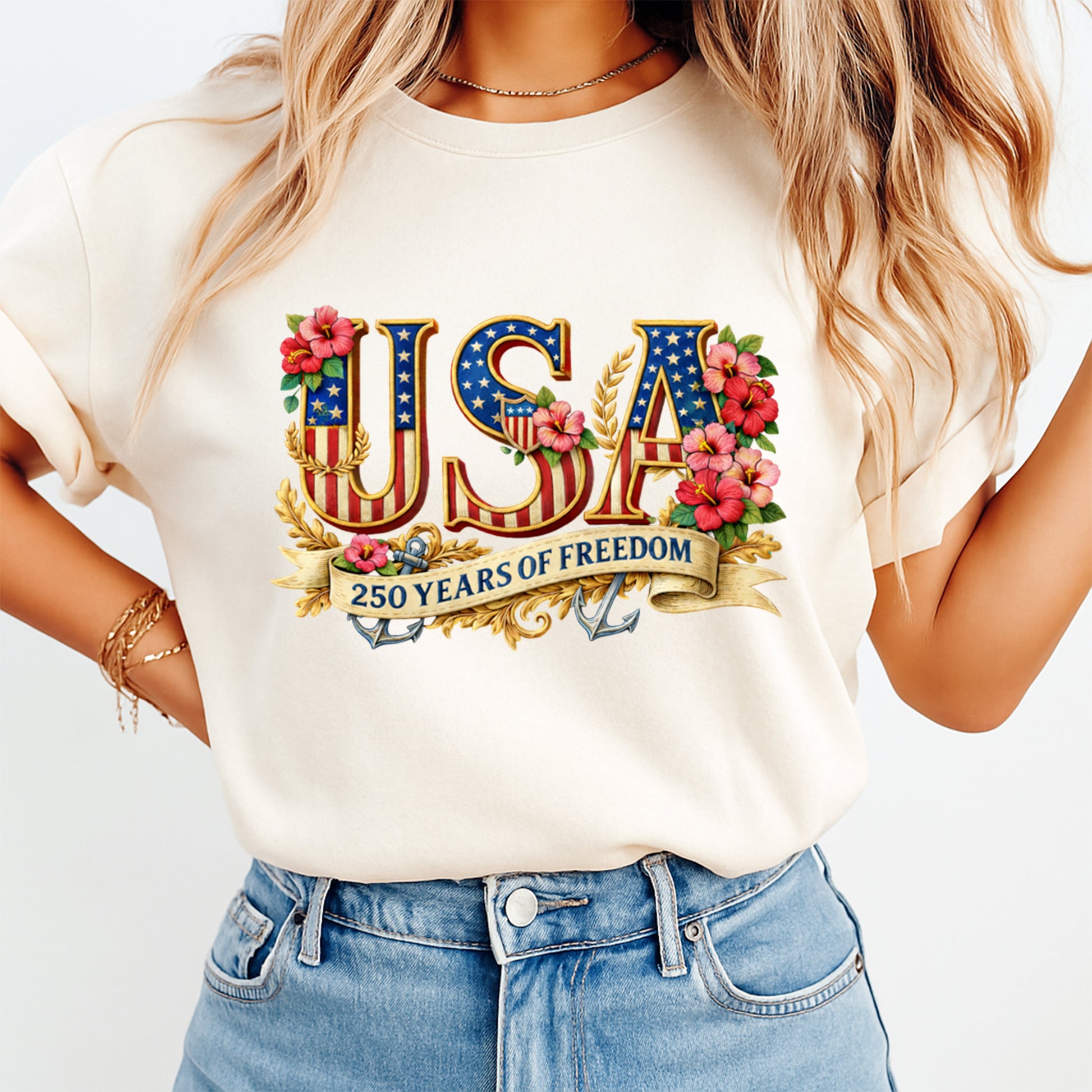 woman wearing usa patriotic shirt with 250 years of freedom graphic ready to press dtf transfer american flag floral design
