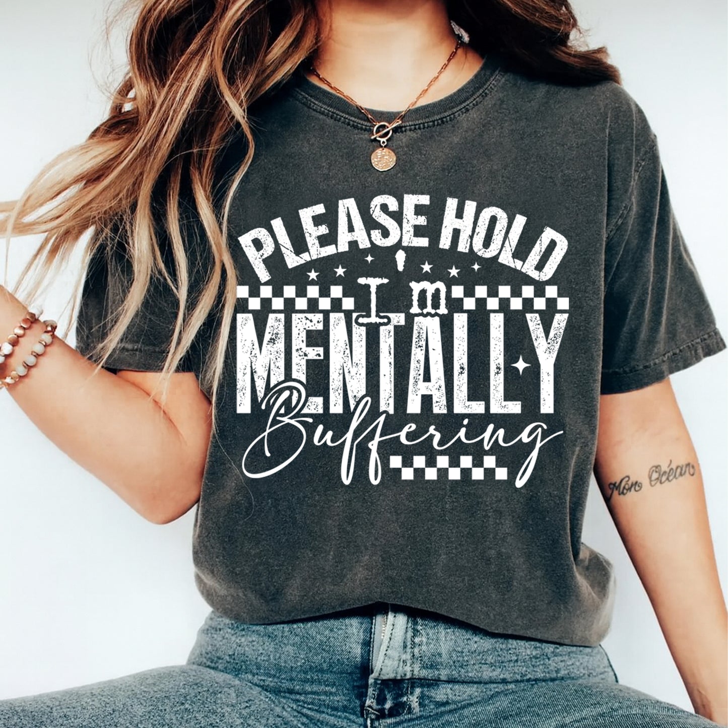woman wearing sarcastic buffering quote shirt ready to press dtf transfer distressed typography design on dark tee