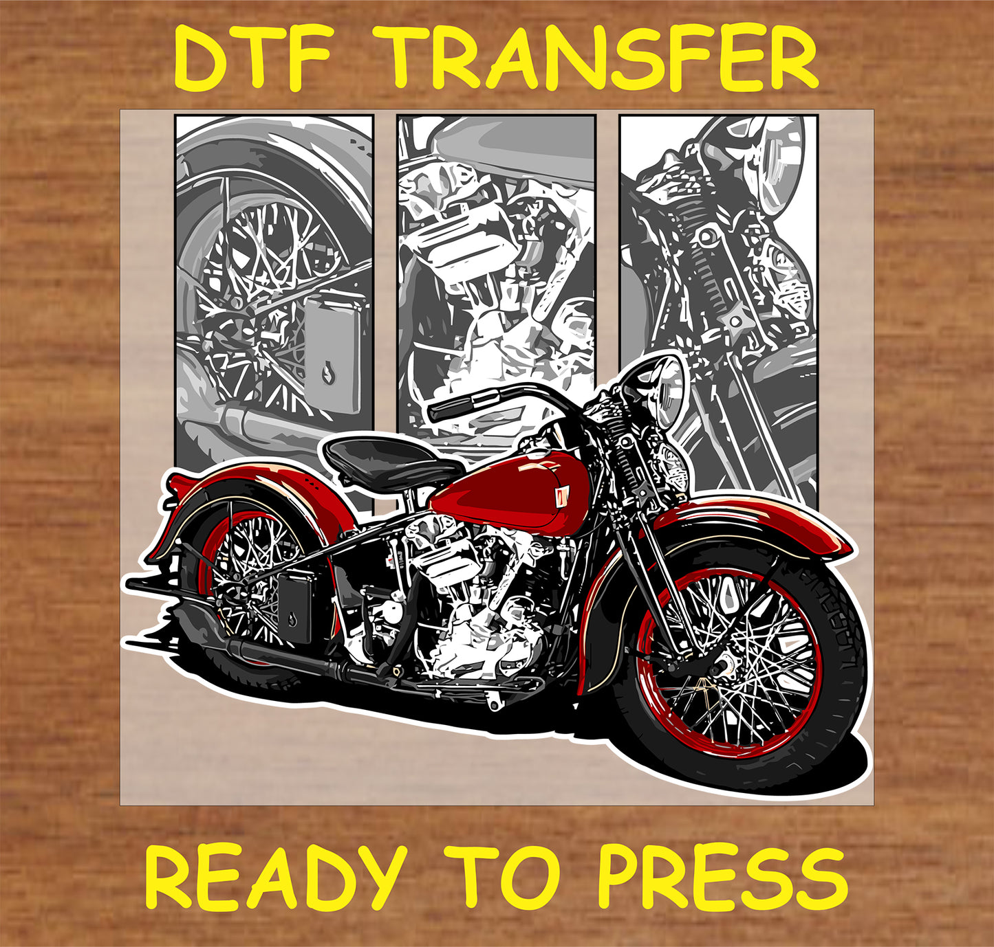 "Classic red motorcycle DTF transfer with vintage bike design and grayscale background"