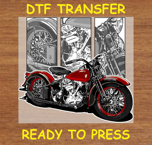 "Classic red motorcycle DTF transfer with vintage bike design and grayscale background"