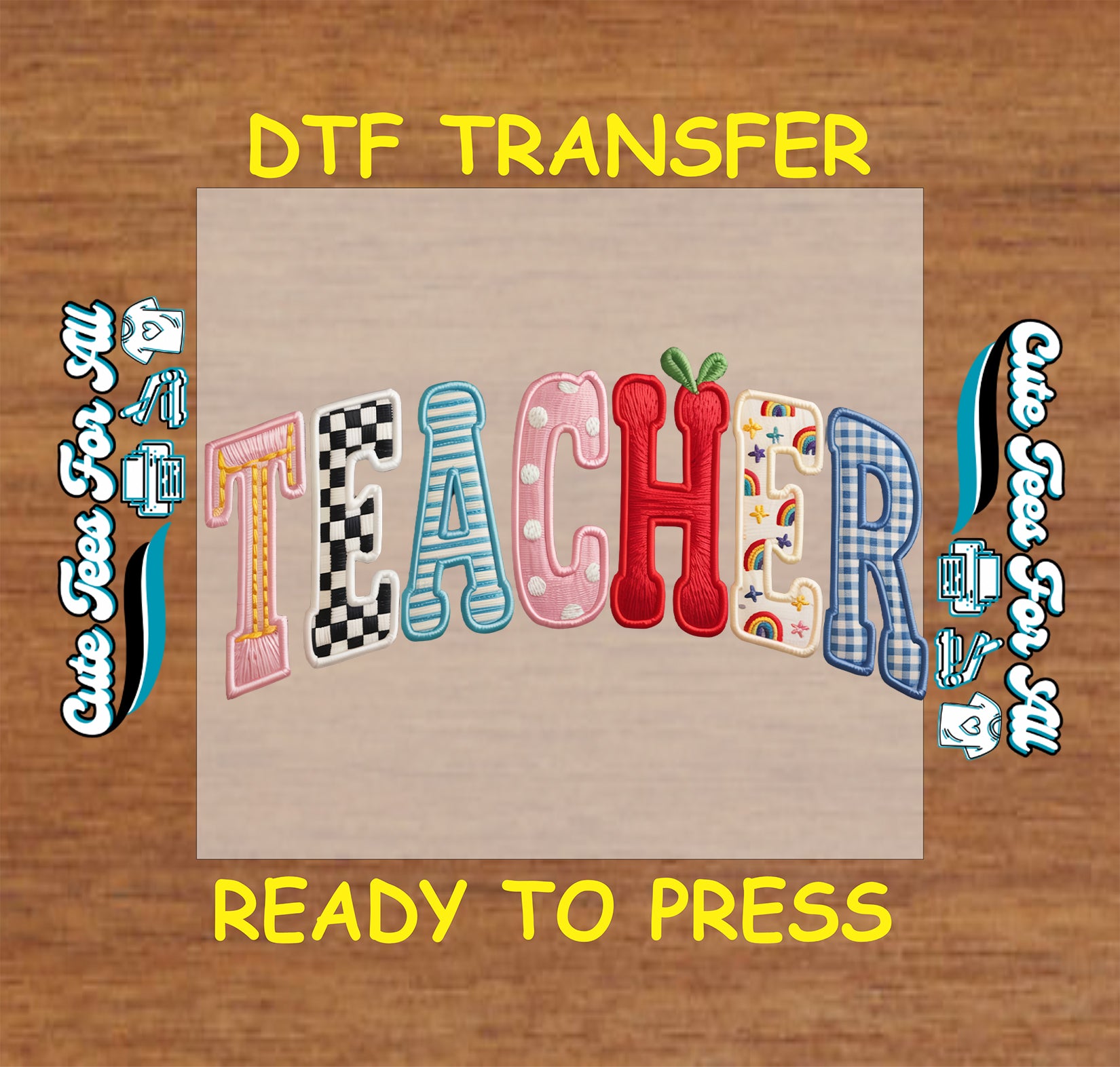 teacher patchwork lettering ready to press dtf transfer colorful patterned letters checkerboard stripes polka dots iron on heat transfer