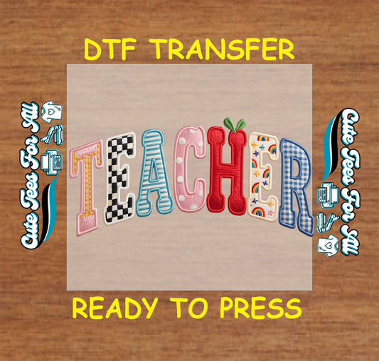 teacher patchwork lettering ready to press dtf transfer colorful patterned letters checkerboard stripes polka dots iron on heat transfer