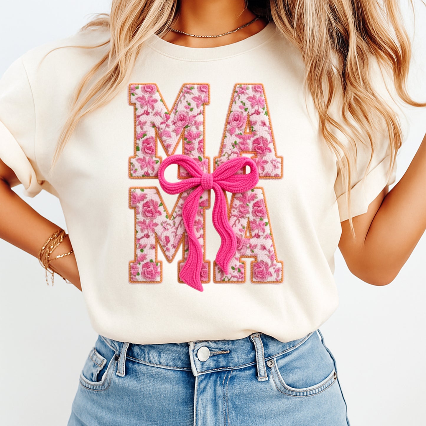woman wearing mama floral bow shirt ready to press dtf transfer pink bow mothers day graphic tee