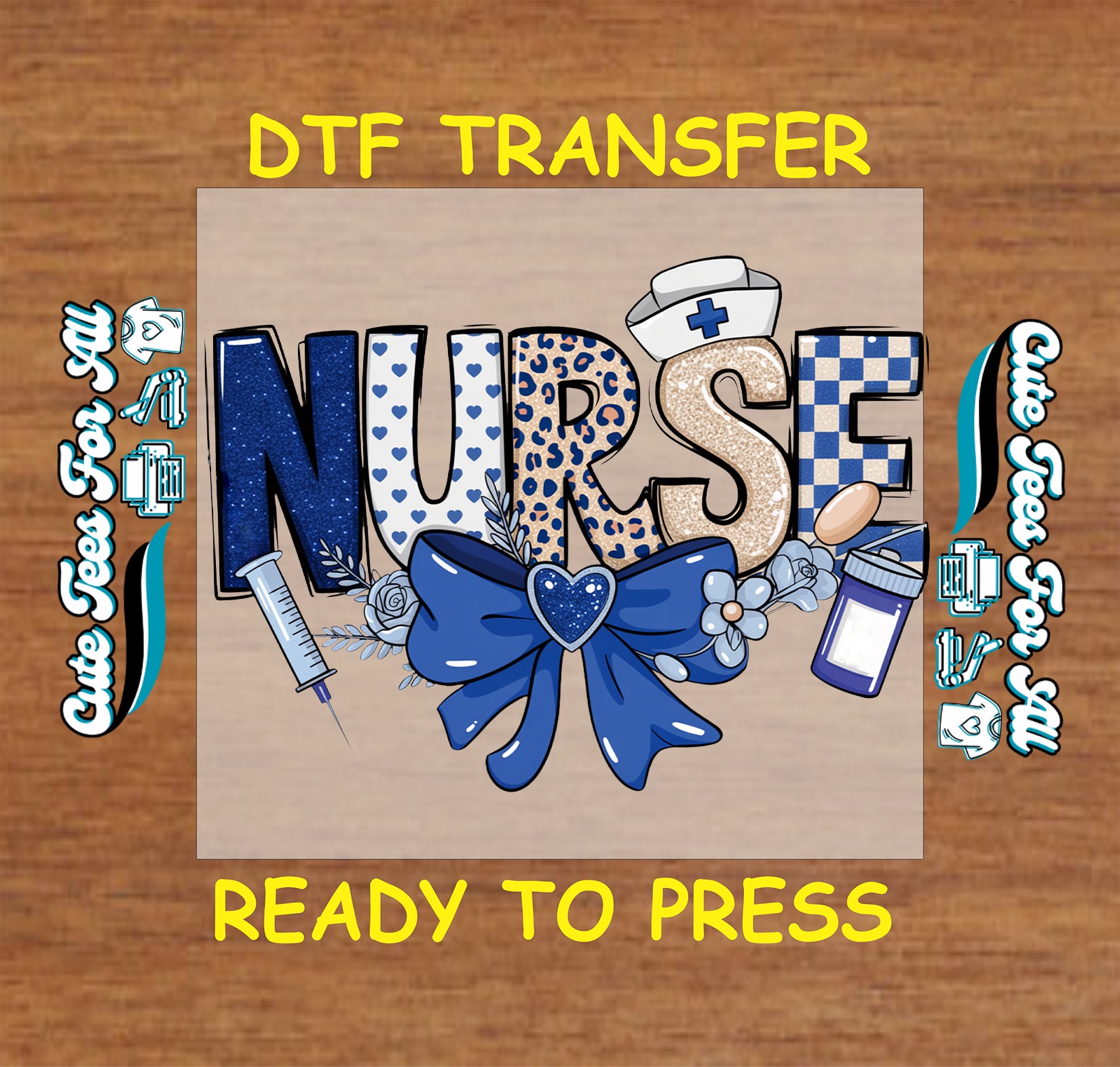 nurse blue bow ready to press dtf transfer medical themed iron on heat transfer with syringe pill bottle and nurse cap