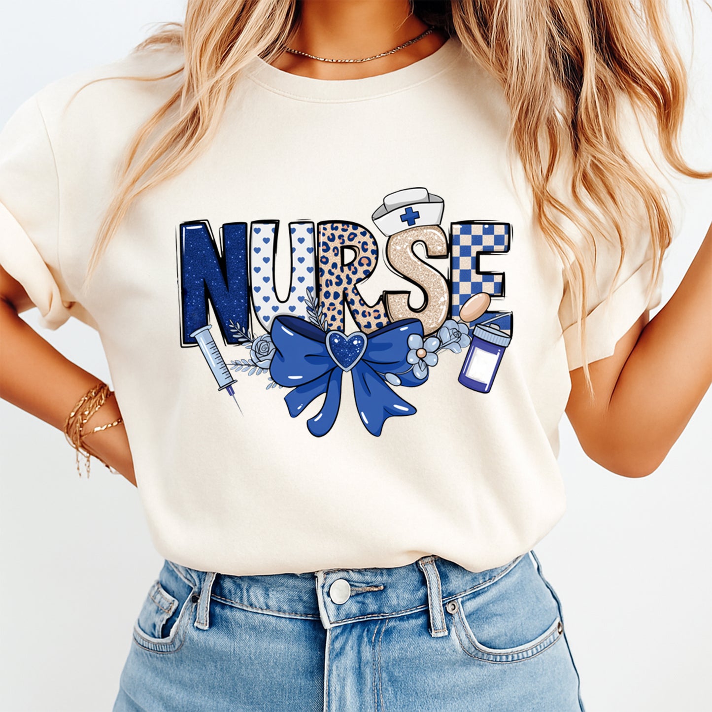 woman wearing nurse graphic shirt with blue bow and medical icons ready to press dtf transfer design