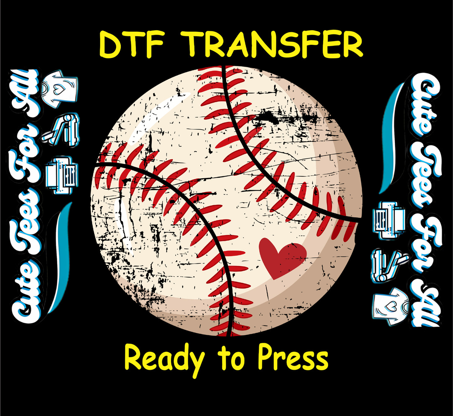 vintage baseball with heart ready to press dtf transfer distressed sports iron on heat transfer decal