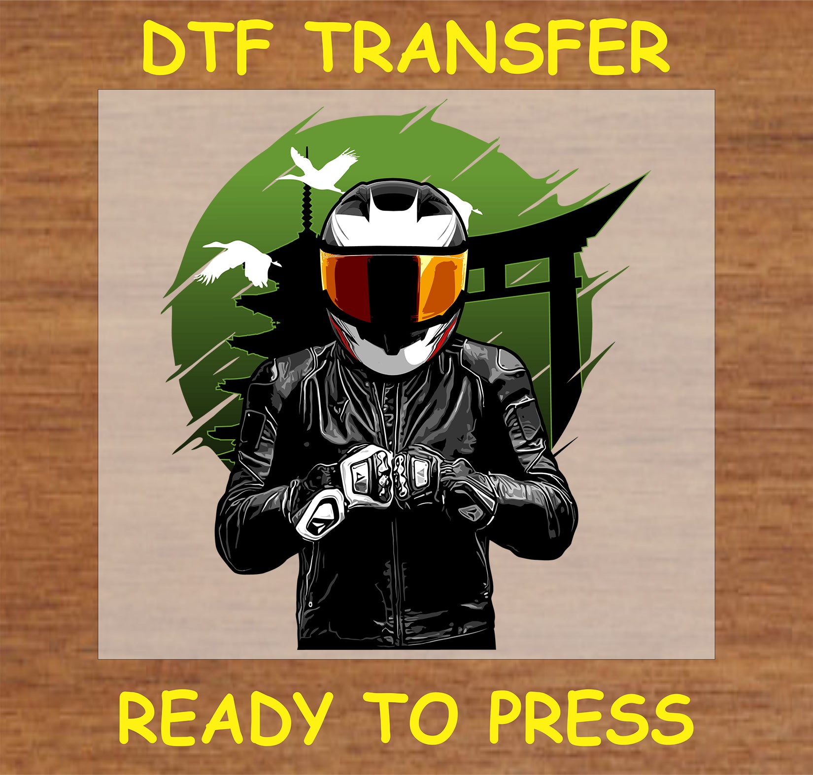  "Japanese torii gate and biker DTF transfer with Zen-inspired design"