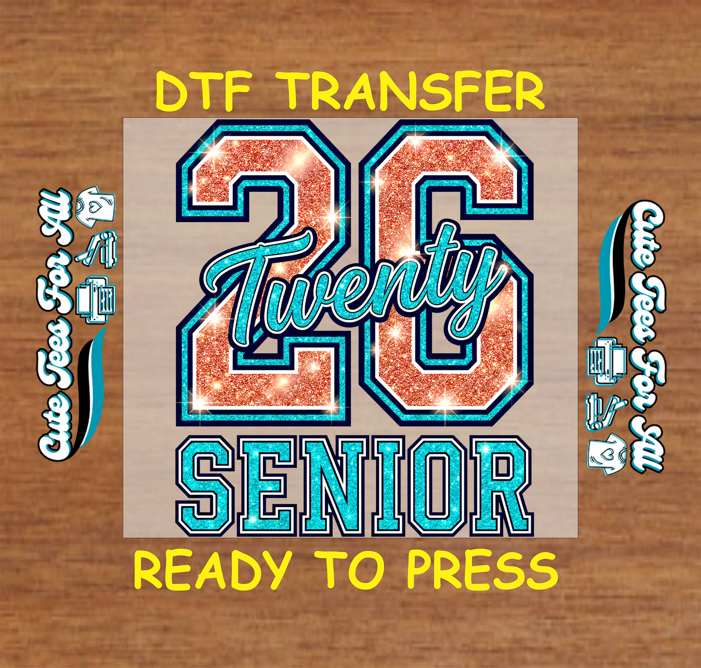 26 twenty senior ready to press dtf transfer with glitter style varsity lettering for class of 2026 graduation shirts
