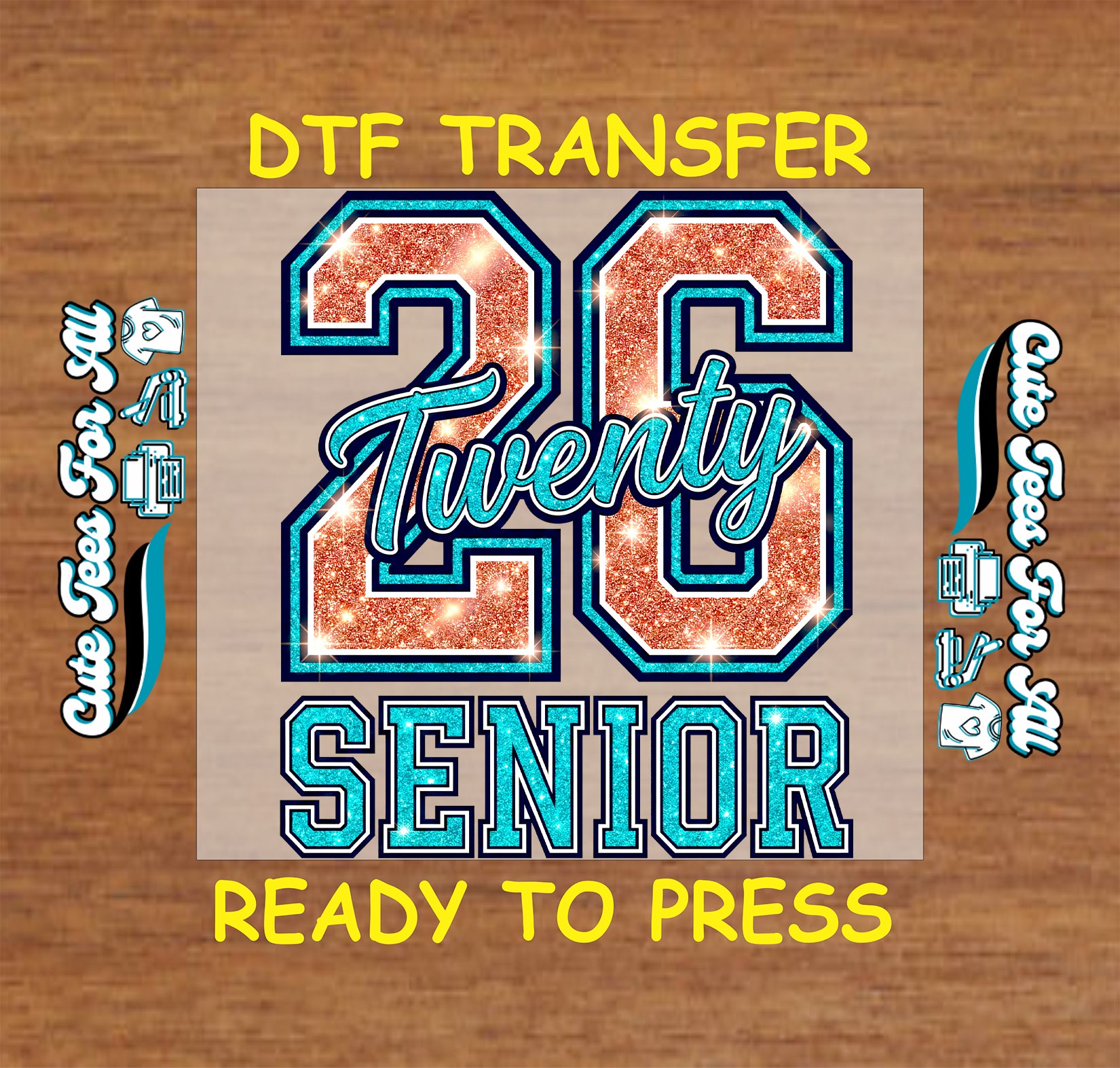 26 twenty senior ready to press dtf transfer with glitter style varsity lettering for class of 2026 graduation shirts
