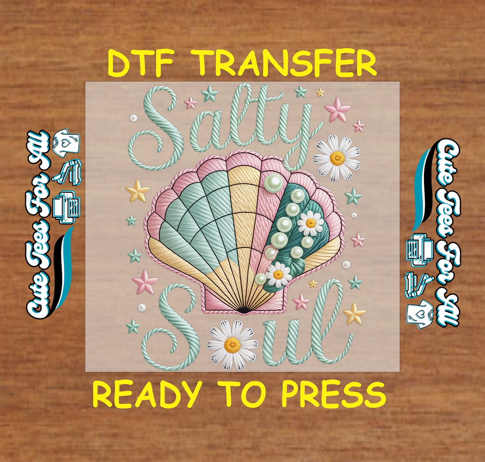 Salty soul ready to press dtf transfer with pastel seashell pearls daisies and starfish for beach shirts