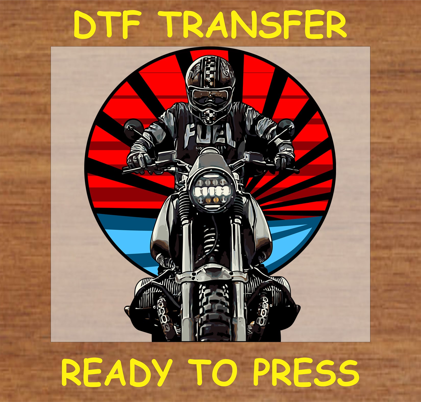 "Fuel biker DTF transfer with rising sun background design for custom apparel"