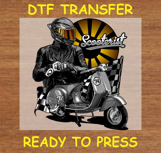 Scooterist DTF Transfer with vintage scooter and checkered flag design.