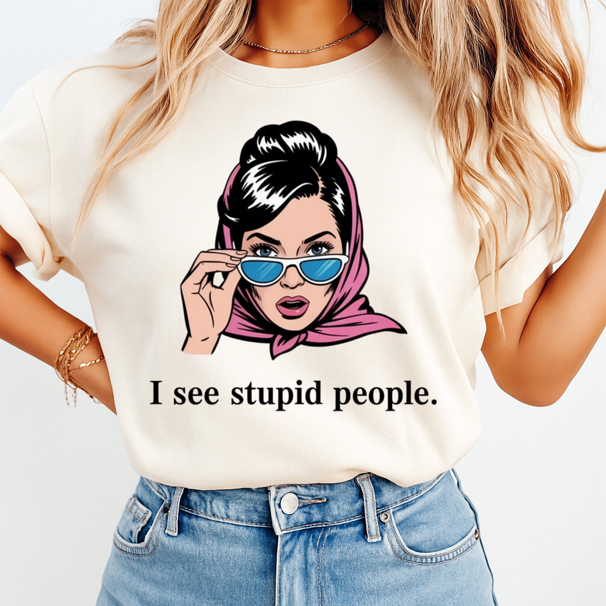 Woman wearing a cream shirt with a funny retro lady ready to press dtf graphic with sunglasses and sarcastic quote