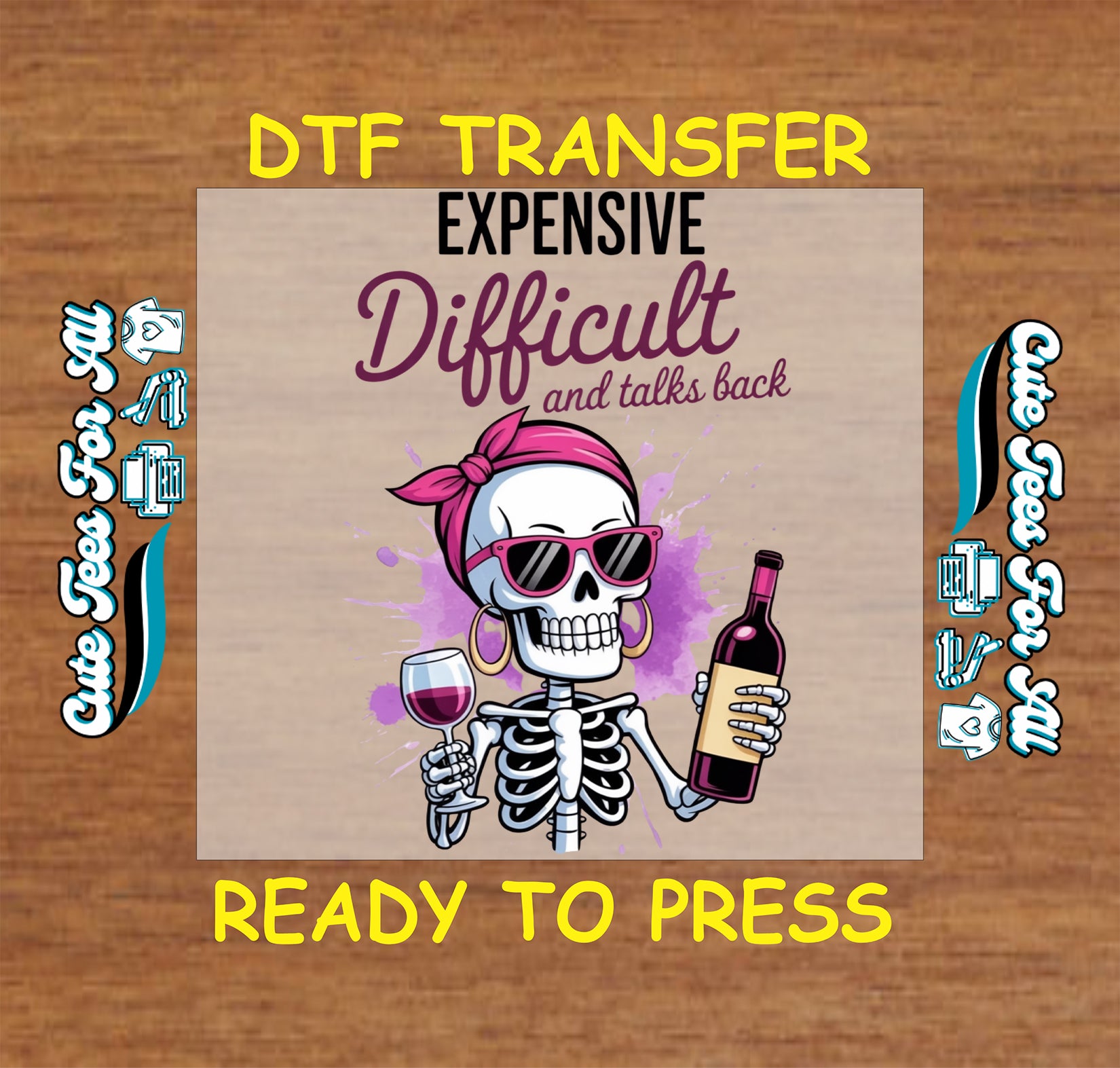 Funny raccoon ready to press dtf transfer with Stay Trashy text, three raccoons in pink sunglasses, and a pink recycling bin on a wood background