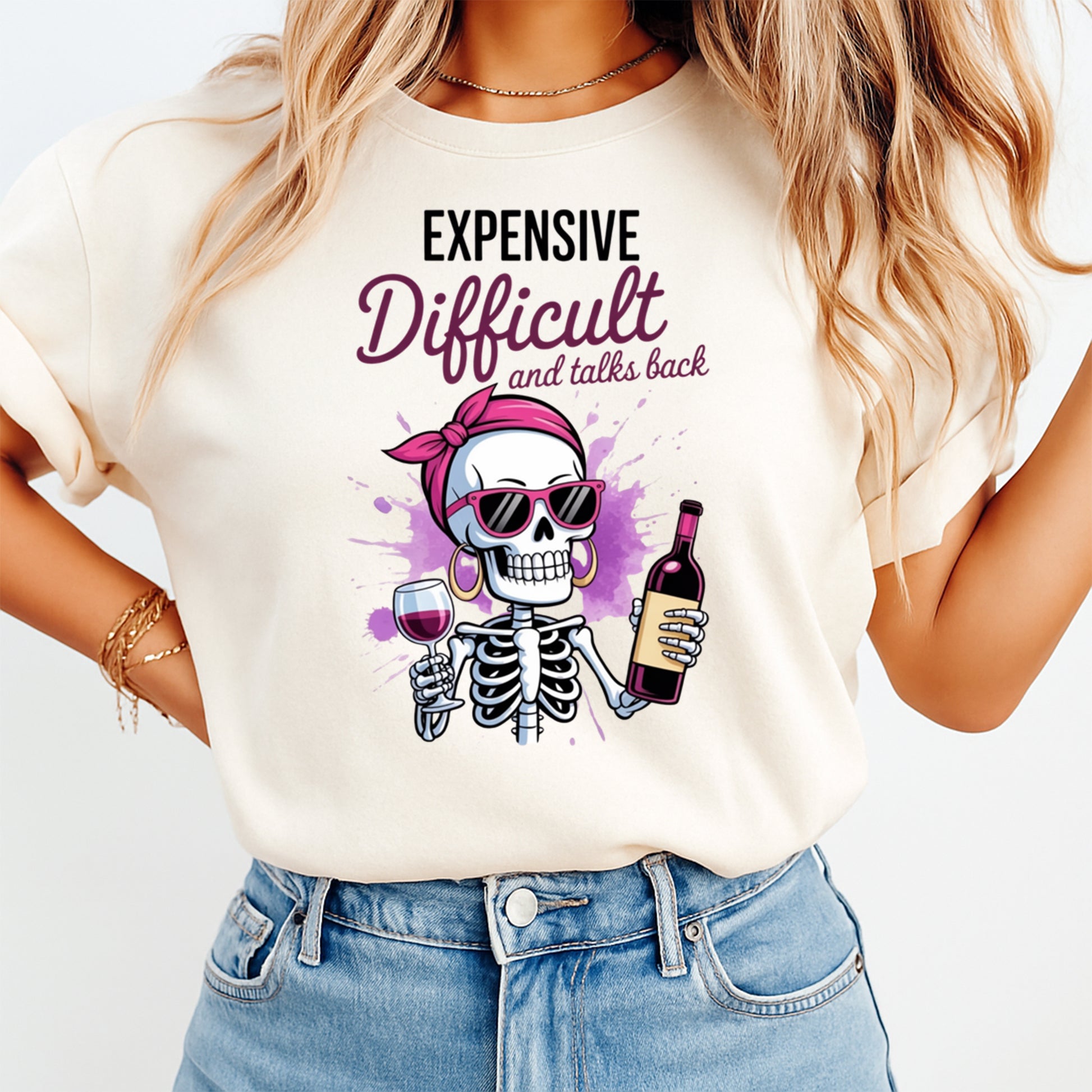 Woman wearing a cream shirt with a funny raccoon ready to press dtf graphic featuring Stay Trashy text and three raccoons in a pink recycling bin