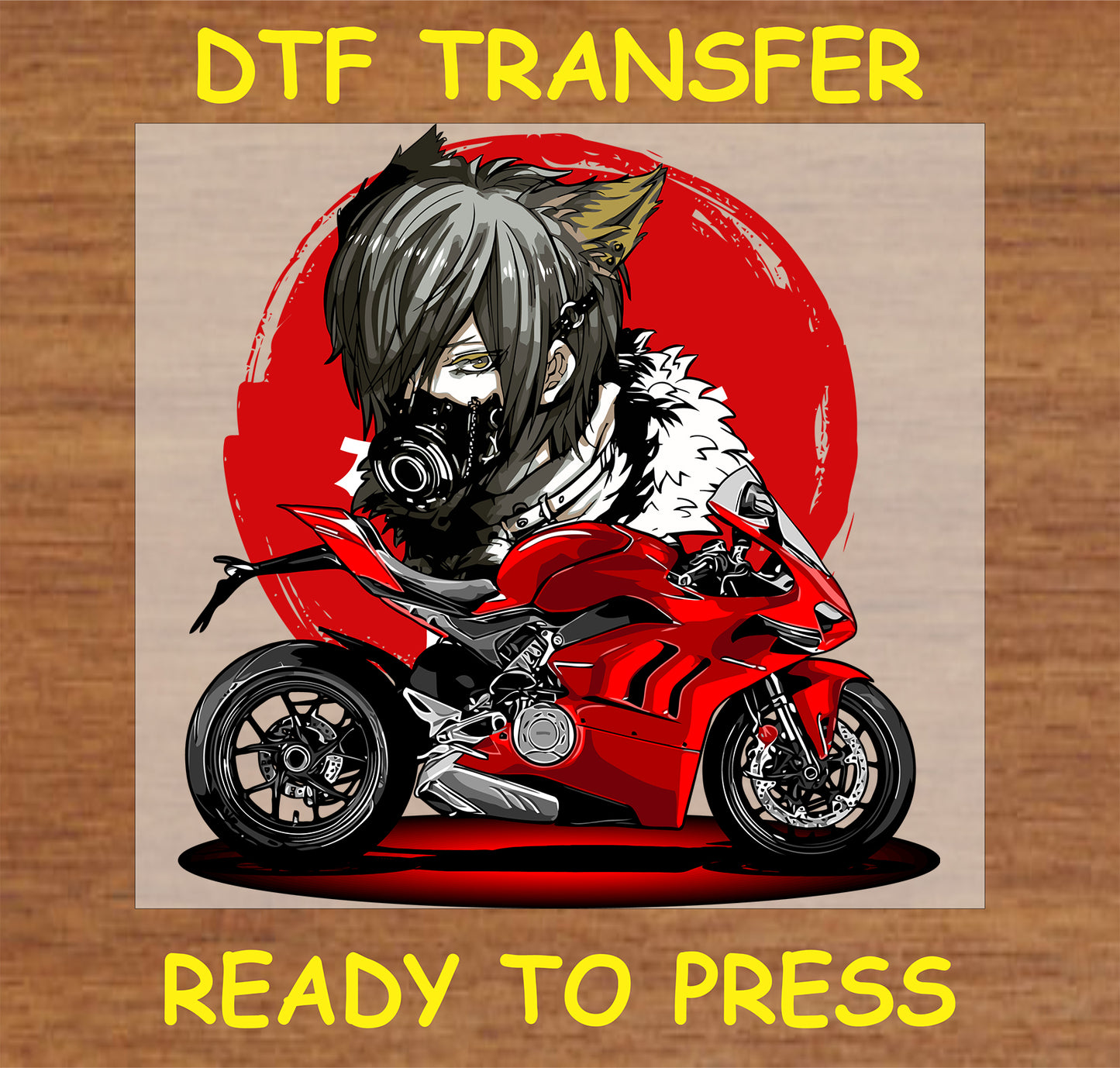 "Anime Biker DTF Transfer with wolf-ear character and red motorcycle design"