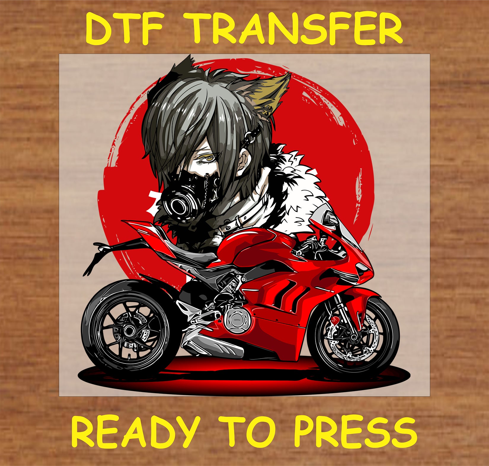 "Anime Biker DTF Transfer with wolf-ear character and red motorcycle design"