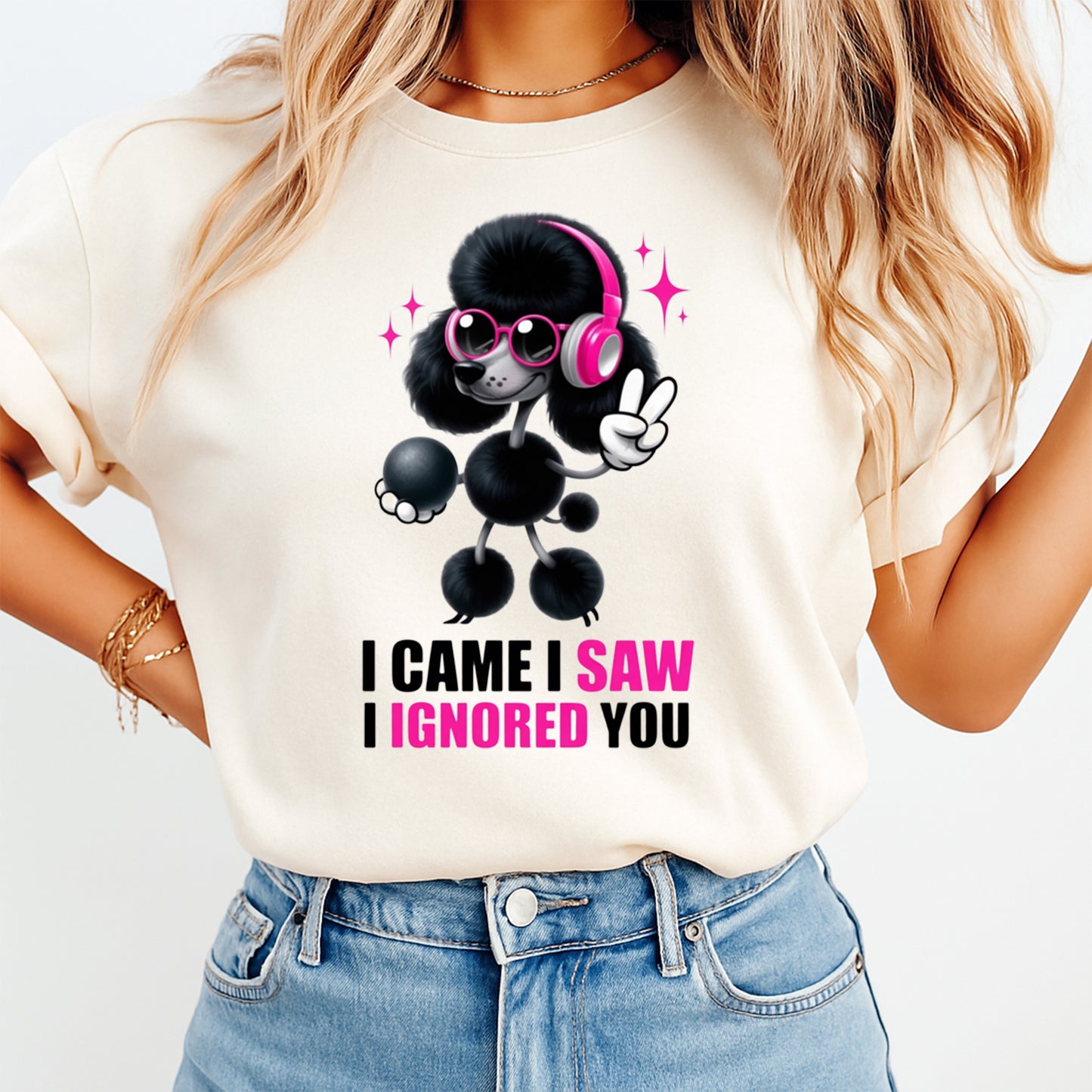 Woman wearing a cream shirt with a black poodle graphic in pink headphones and sunglasses with sarcastic quote, ready to press dtf mockup