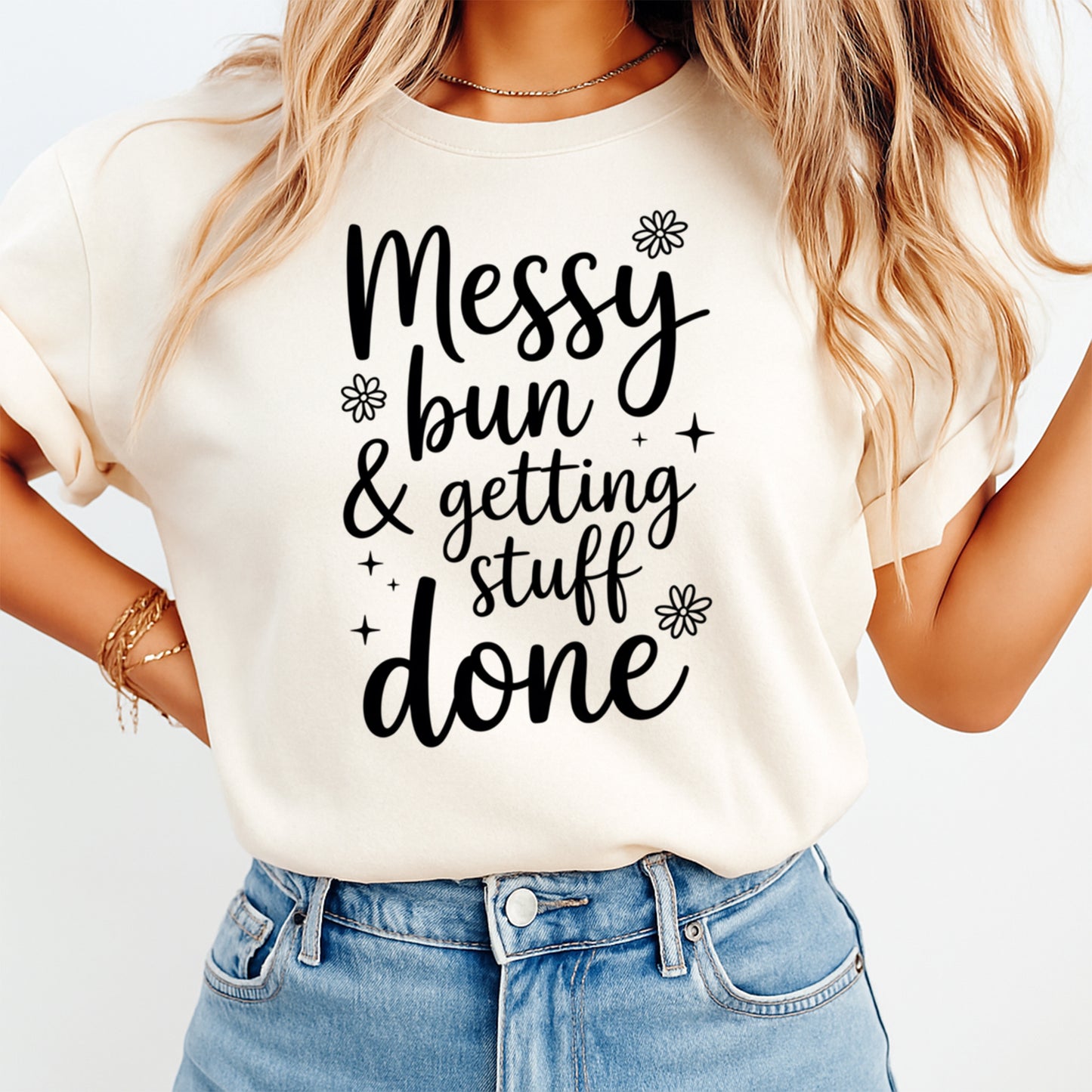 Woman wearing a cream shirt with messy bun and getting stuff done quote, ready to press dtf mockup for a motivational women’s graphic tee