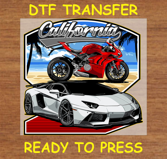 "California car and bike DTF transfer with red motorcycle, white sports car, and beach scene"