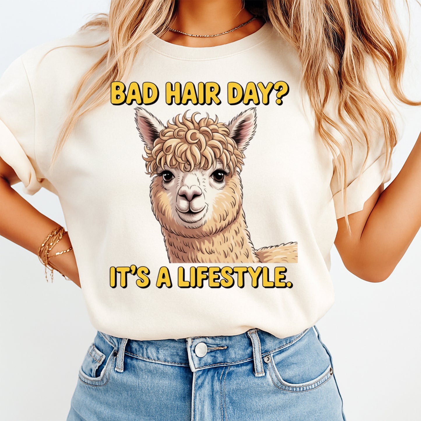 Mockup shirt featuring a fluffy alpaca with curly hair and the phrase Bad Hair Day Its a lifestyle