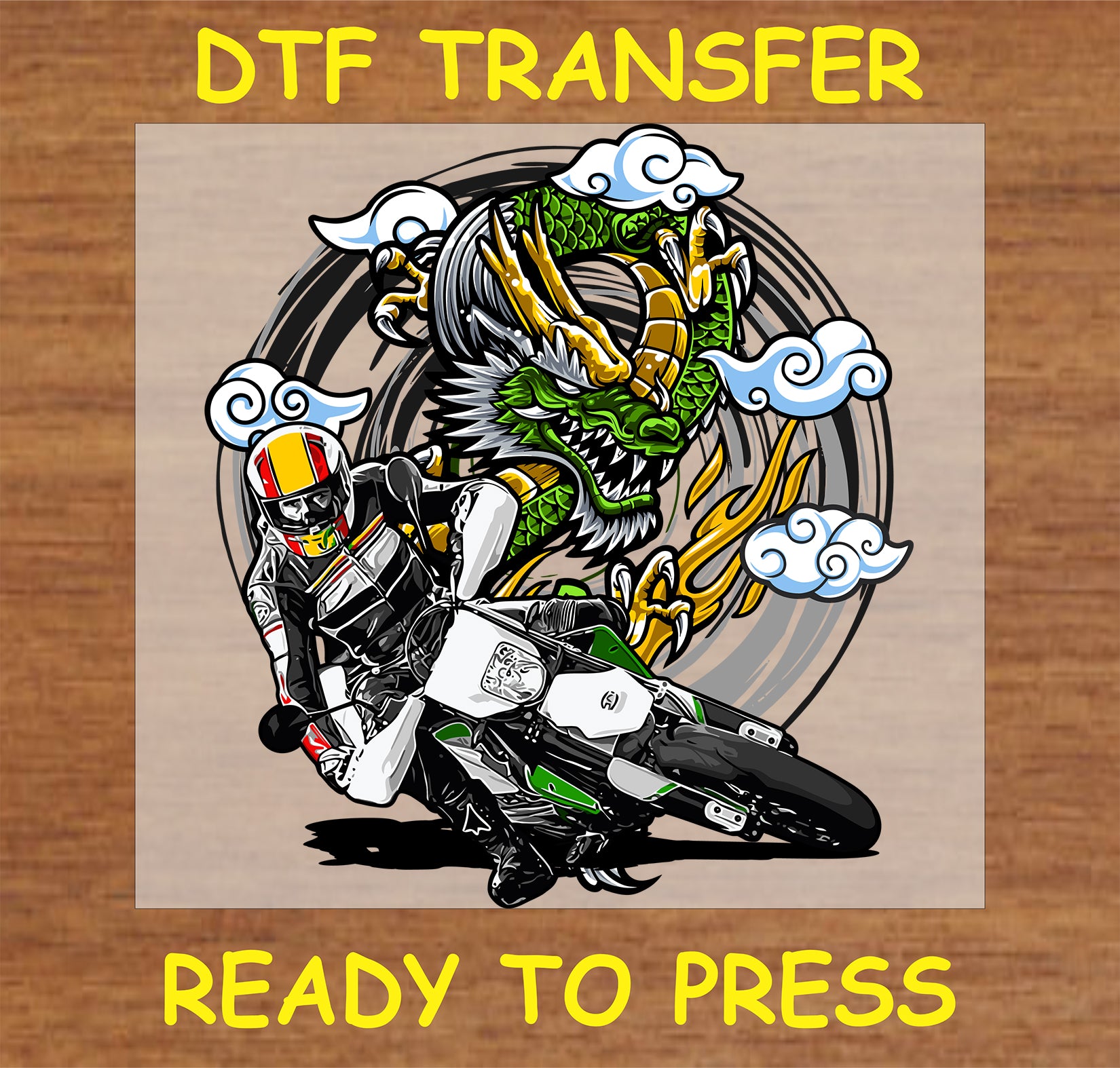 "Motorcycle and dragon DTF transfer with dynamic racing design for custom apparel"