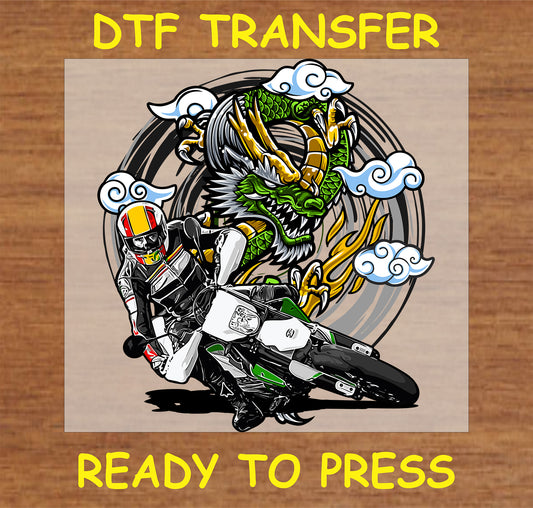 "Motorcycle and dragon DTF transfer with dynamic racing design for custom apparel"