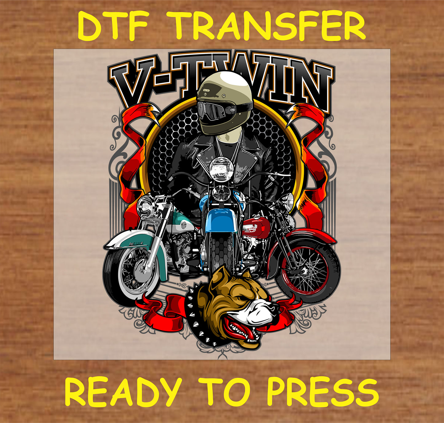 "Classic V-Twin motorcycle DTF transfer with biker and bulldog emblem for custom apparel"