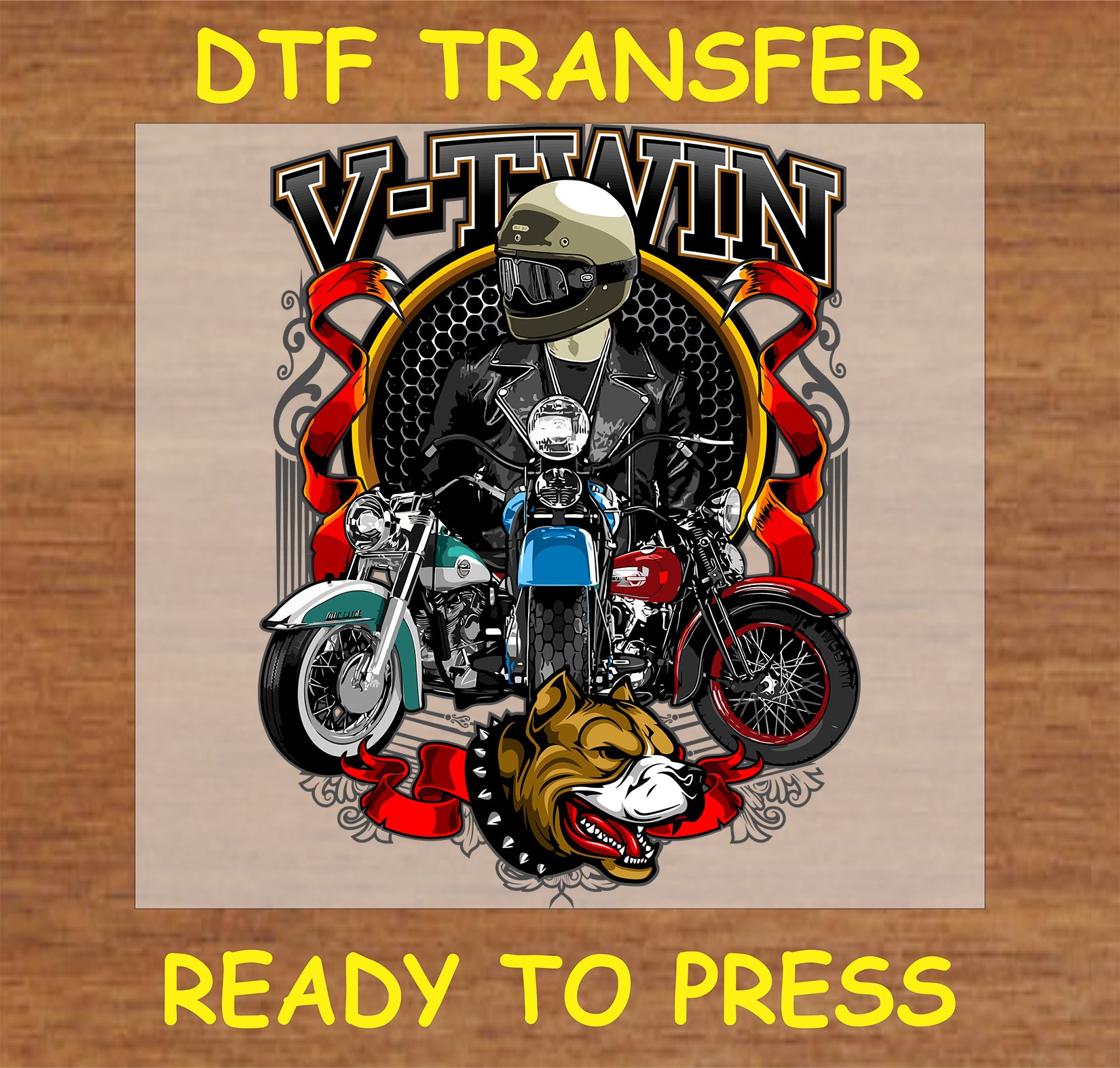 "Classic V-Twin motorcycle DTF transfer with biker and bulldog emblem for custom apparel"