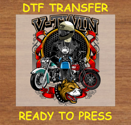 "Classic V-Twin motorcycle DTF transfer with biker and bulldog emblem for custom apparel"