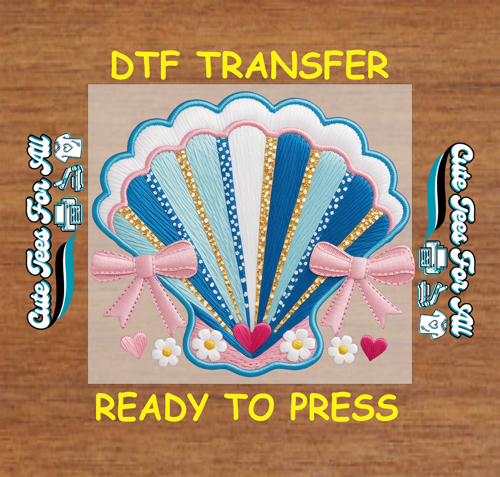 Ready to press dtf artwork of a blue seashell with pink bows, daisies, hearts, and coastal summer details