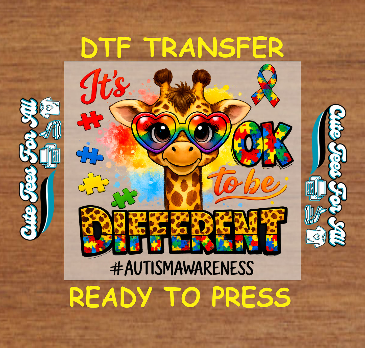Ready to press dtf artwork featuring giraffe with rainbow glasses, puzzle pieces, awareness ribbon, colorful splashes, and “It’s Ok to be Different” quote as an iron on heat transfer.