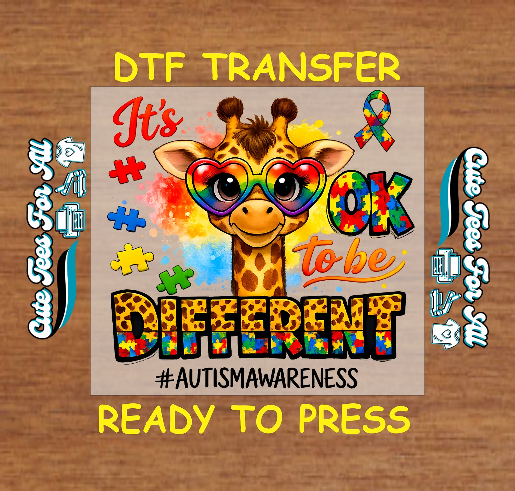 Ready to press dtf artwork featuring giraffe with rainbow glasses, puzzle pieces, awareness ribbon, colorful splashes, and “It’s Ok to be Different” quote as an iron on heat transfer.