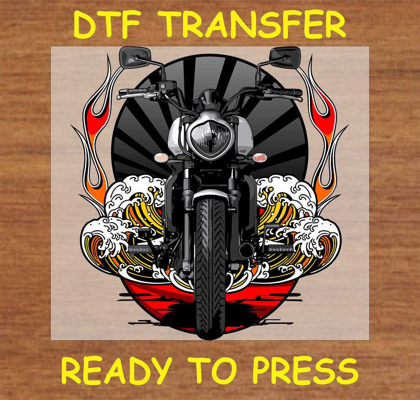 "Motorcycle DTF transfer with bold front view, flames, and waves for custom apparel"