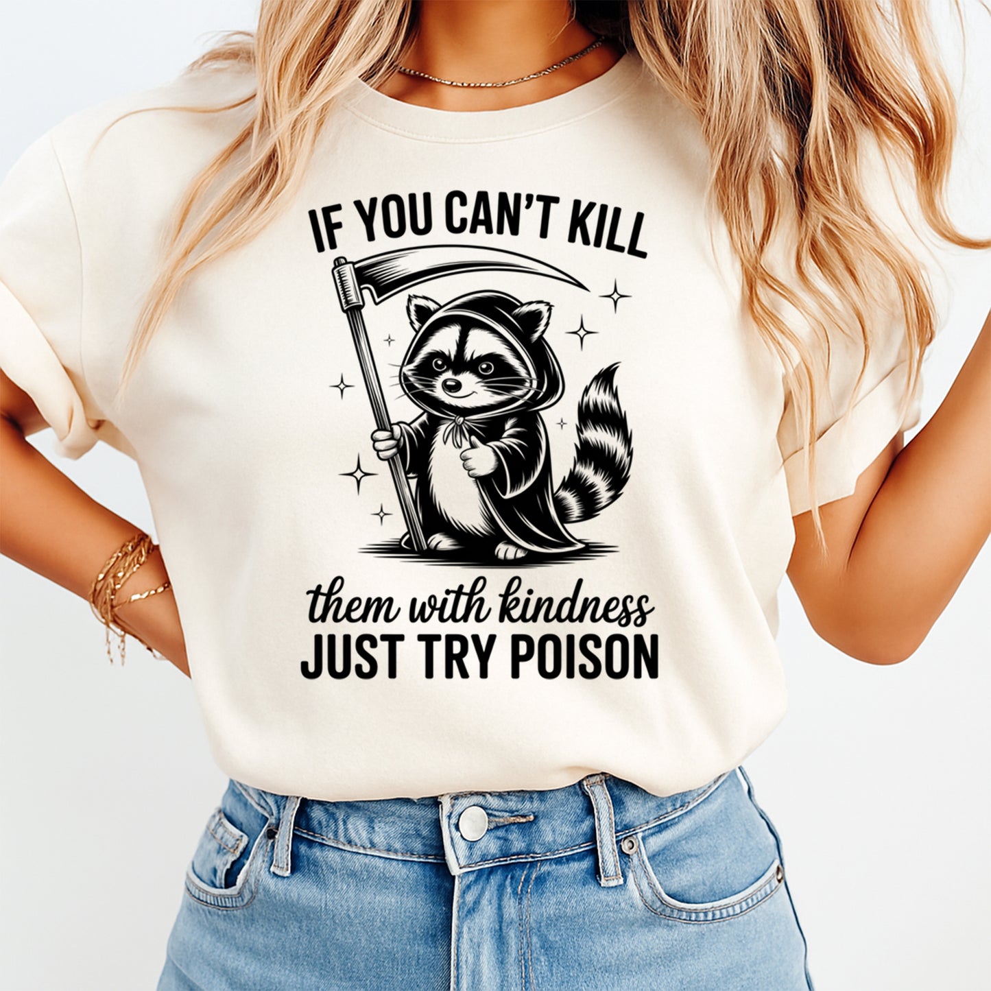 Mockup of a cream shirt featuring a dark humor ready to press dtf transfer with a raccoon grim reaper holding a scythe and sarcastic quote text.