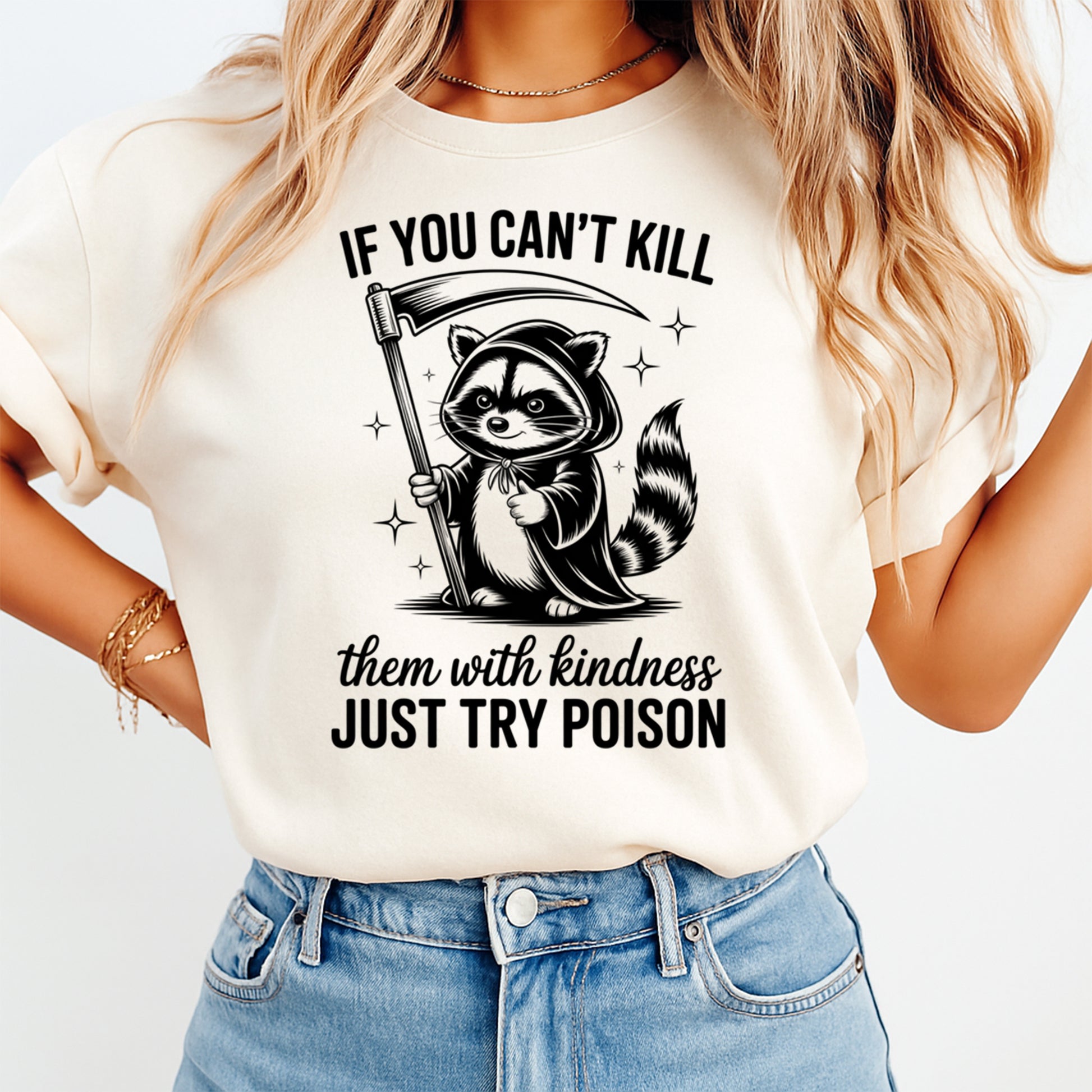 Mockup of a cream shirt featuring a dark humor ready to press dtf transfer with a raccoon grim reaper holding a scythe and sarcastic quote text.