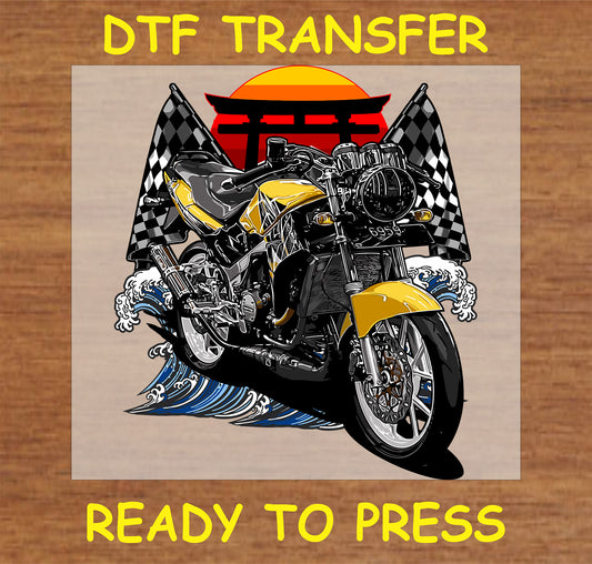 "Sunset motorcycle DTF transfer with Japanese Torii gate, racing flags, and waves"