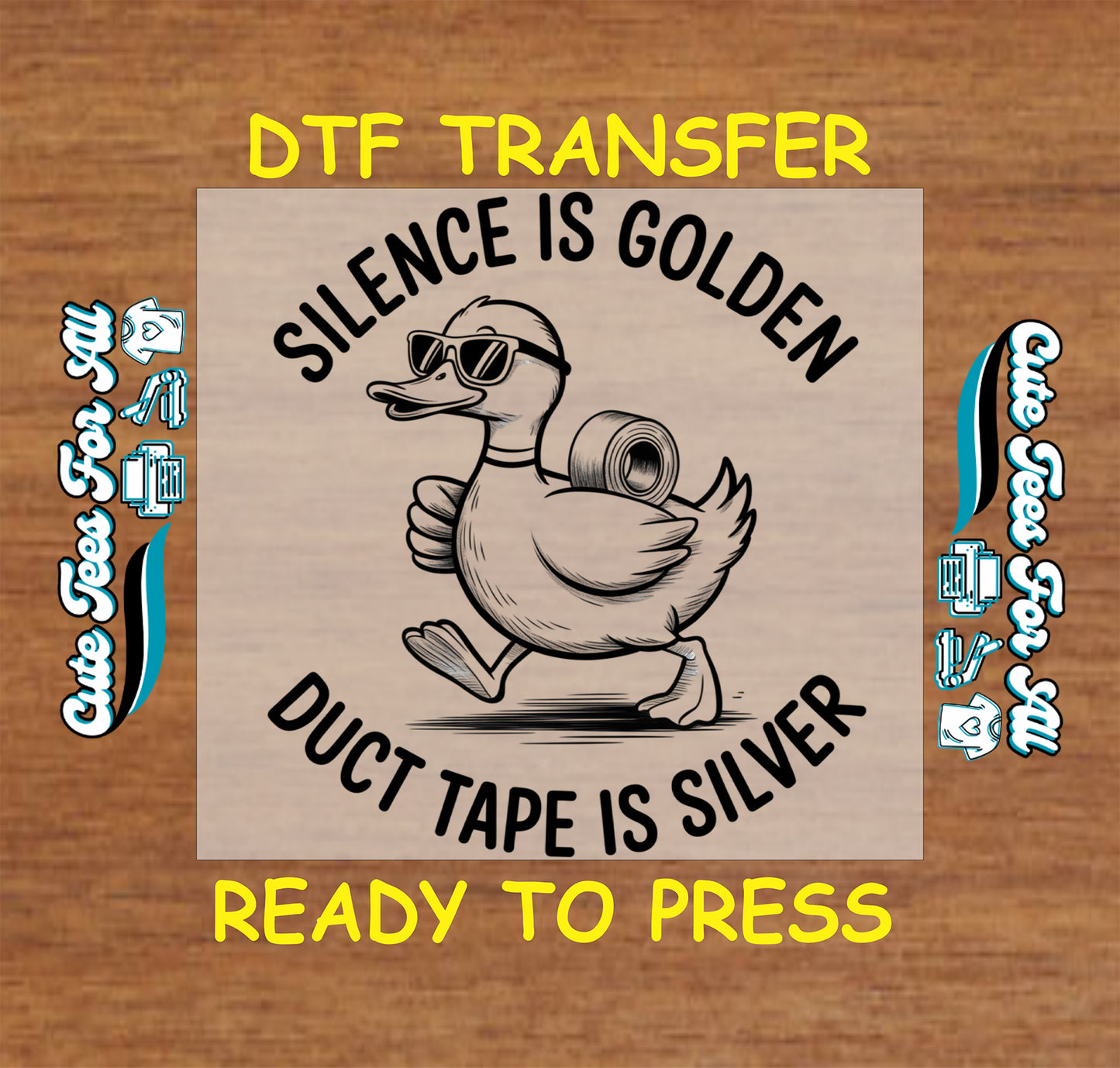 Black-and-white duck artwork ready to press dtf with sunglasses, duct tape roll, walking pose, and funny sarcastic quote text for DIY shirts.