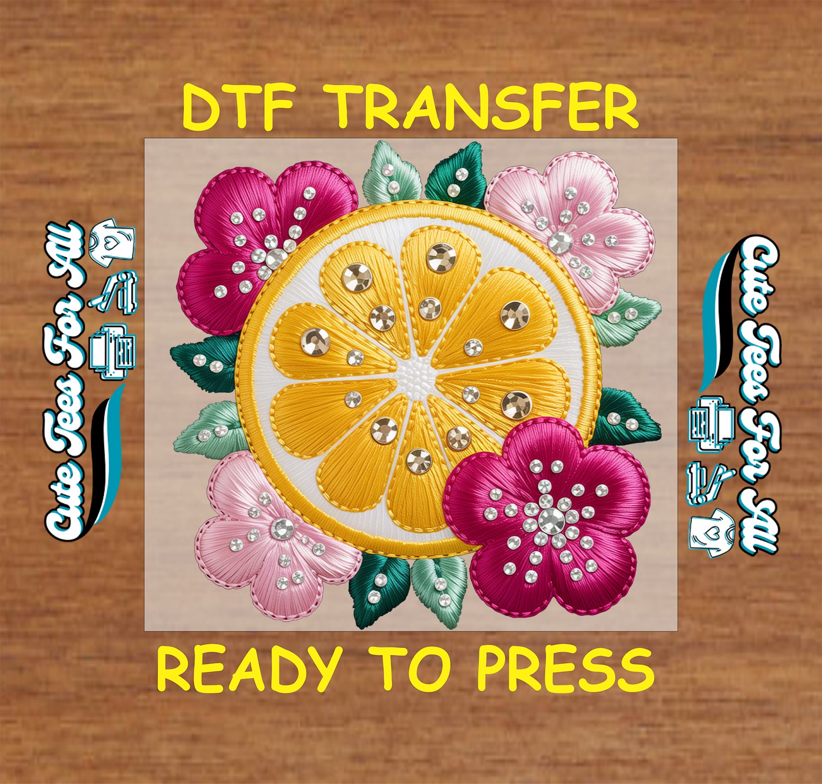 Colorful lemon floral artwork ready to press dtf with citrus fruit slice, pink flowers, green leaves, and sparkle accents for DIY shirts.