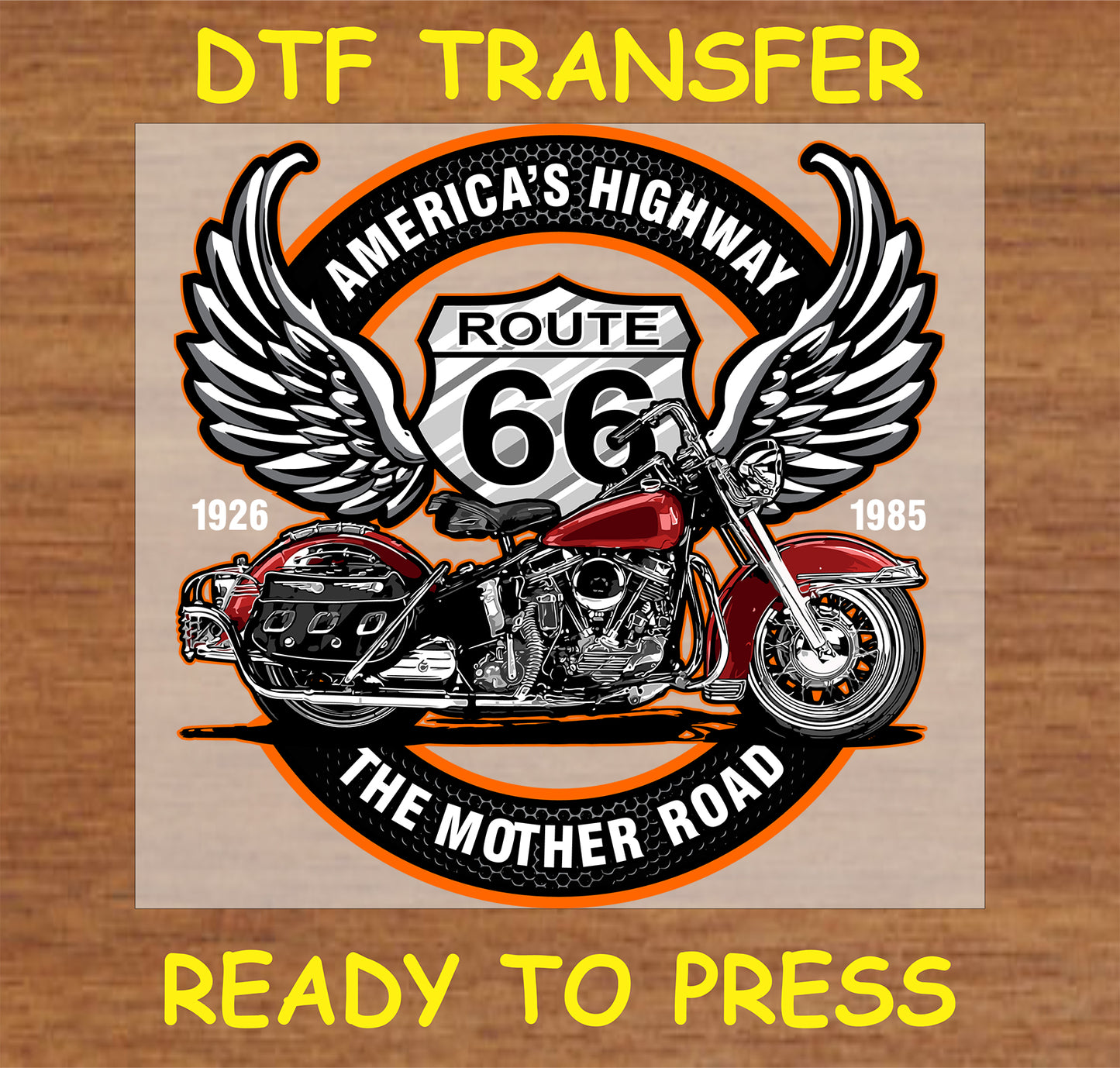 "Route 66 DTF transfer with vintage motorcycle, wings, and Route 66 sign"