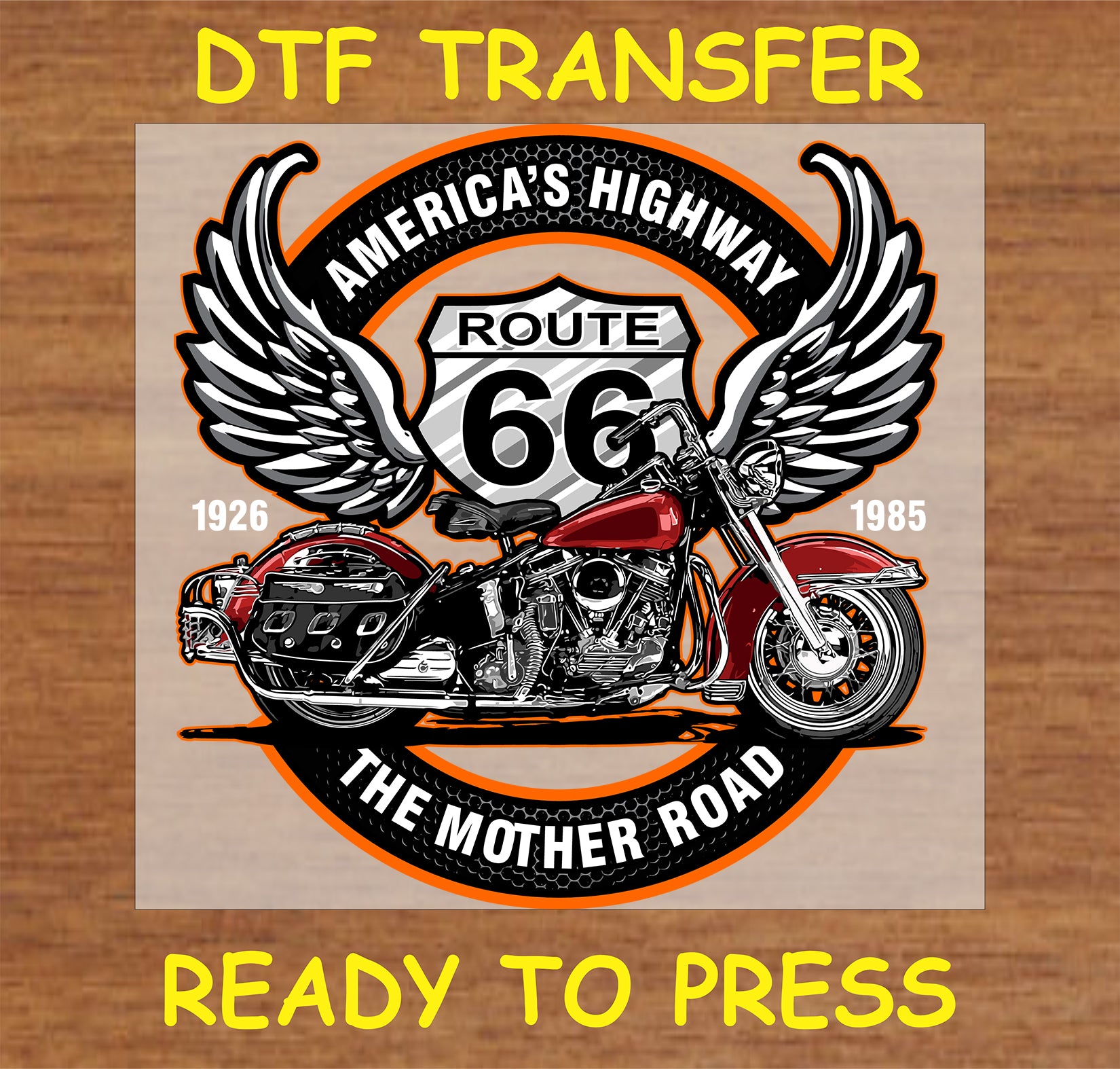 "Route 66 DTF transfer with vintage motorcycle, wings, and Route 66 sign"