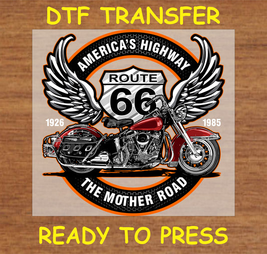 "Route 66 DTF transfer with vintage motorcycle, wings, and Route 66 sign"