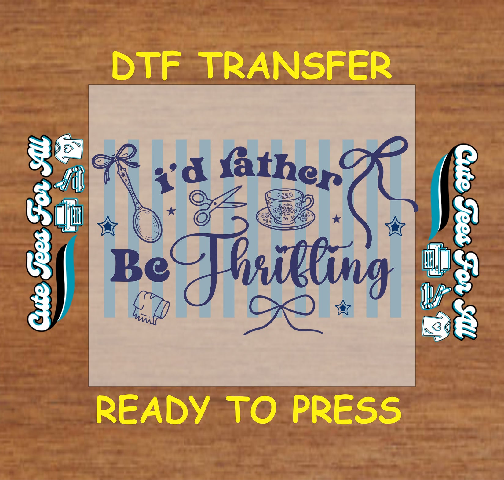 Vintage thrifting artwork ready to press dtf with striped background, teacup, scissors, spoon, bow accents, and secondhand shopping theme for DIY shirts.