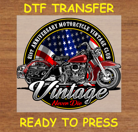 "Vintage Motorcycle Club DTF Transfer with classic motorcycle and American flag background"