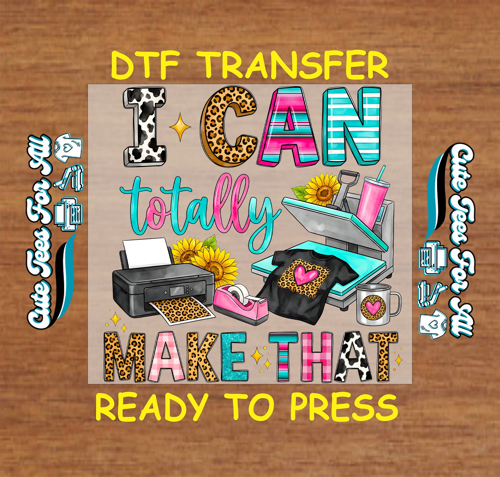 Colorful craft maker artwork ready to press dtf with heat press, printer, tape dispenser, mug, sunflower accents, and creative business theme for DIY shirts.