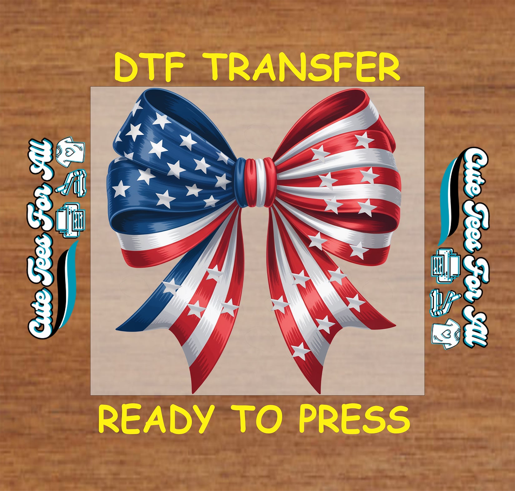 Patriotic bow artwork ready to press dtf with Americana colors, stars, stripes, ribbon tails, and festive summer holiday style for DIY shirts.