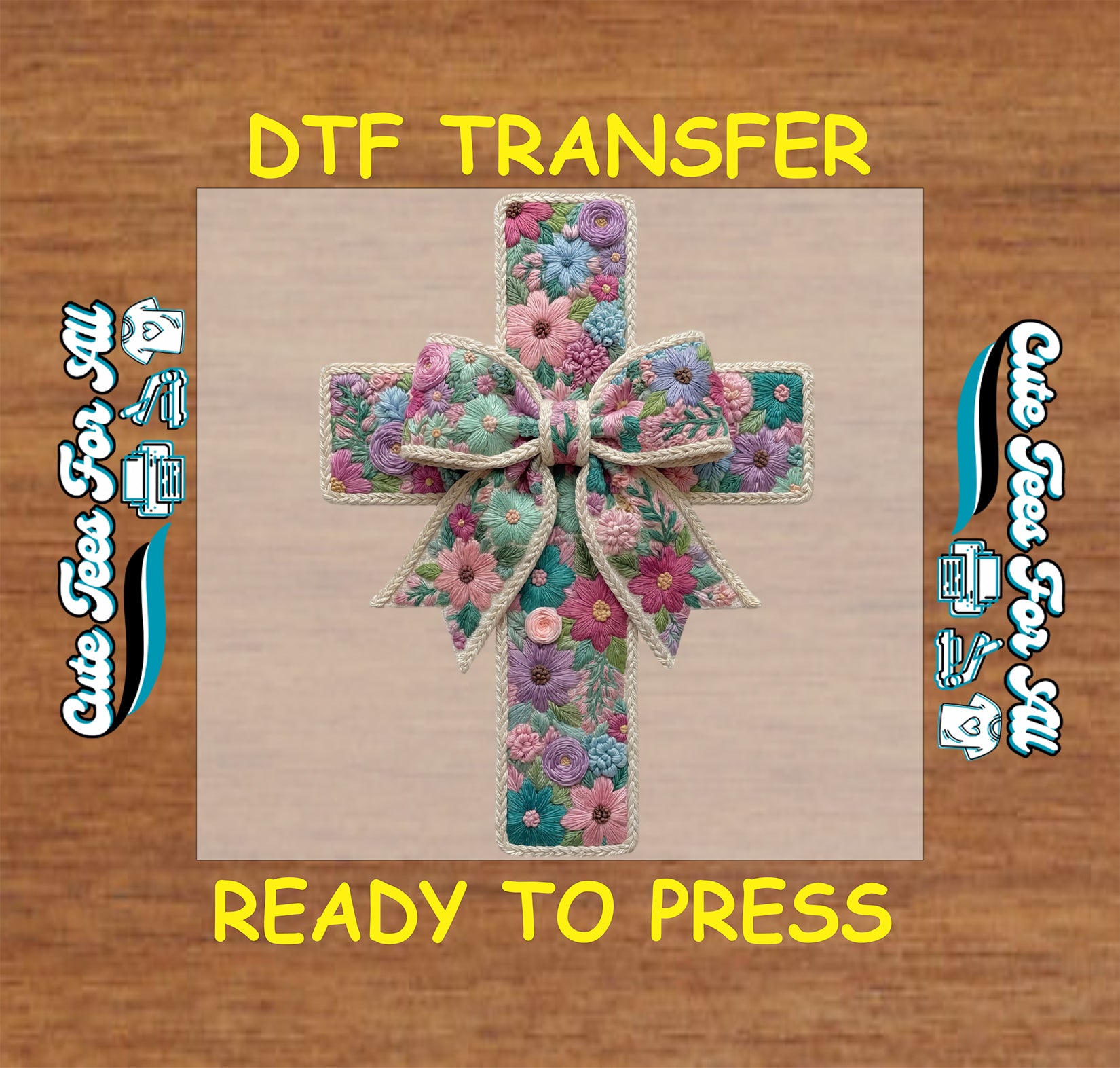 Floral cross artwork ready to press dtf with pastel flowers, teal and pink details, bow accent, and religious faith theme for DIY shirts.