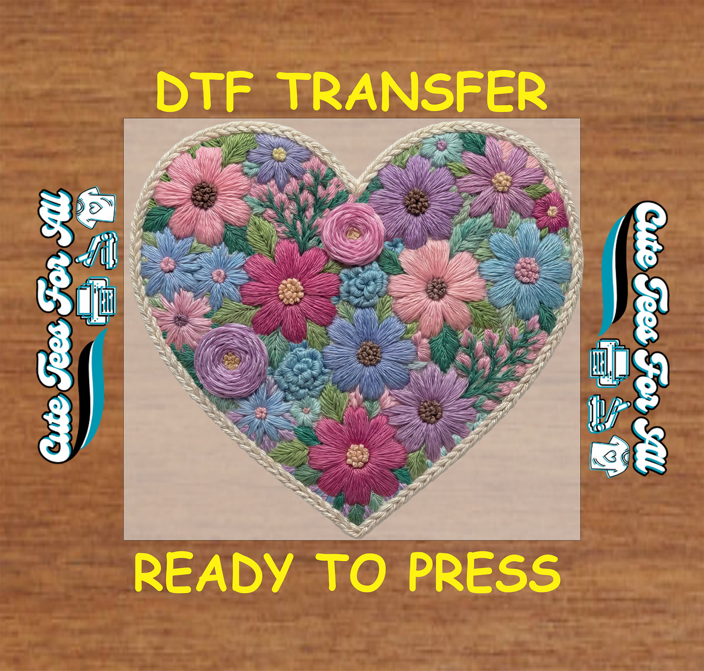 Colorful floral heart artwork ready to press dtf with embroidered flower details, rope-style border, and spring garden theme for DIY shirts.