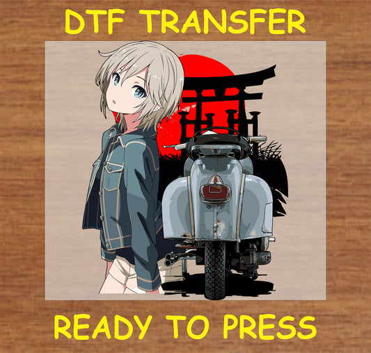 "Anime girl and scooter DTF transfer with Torii gate background"