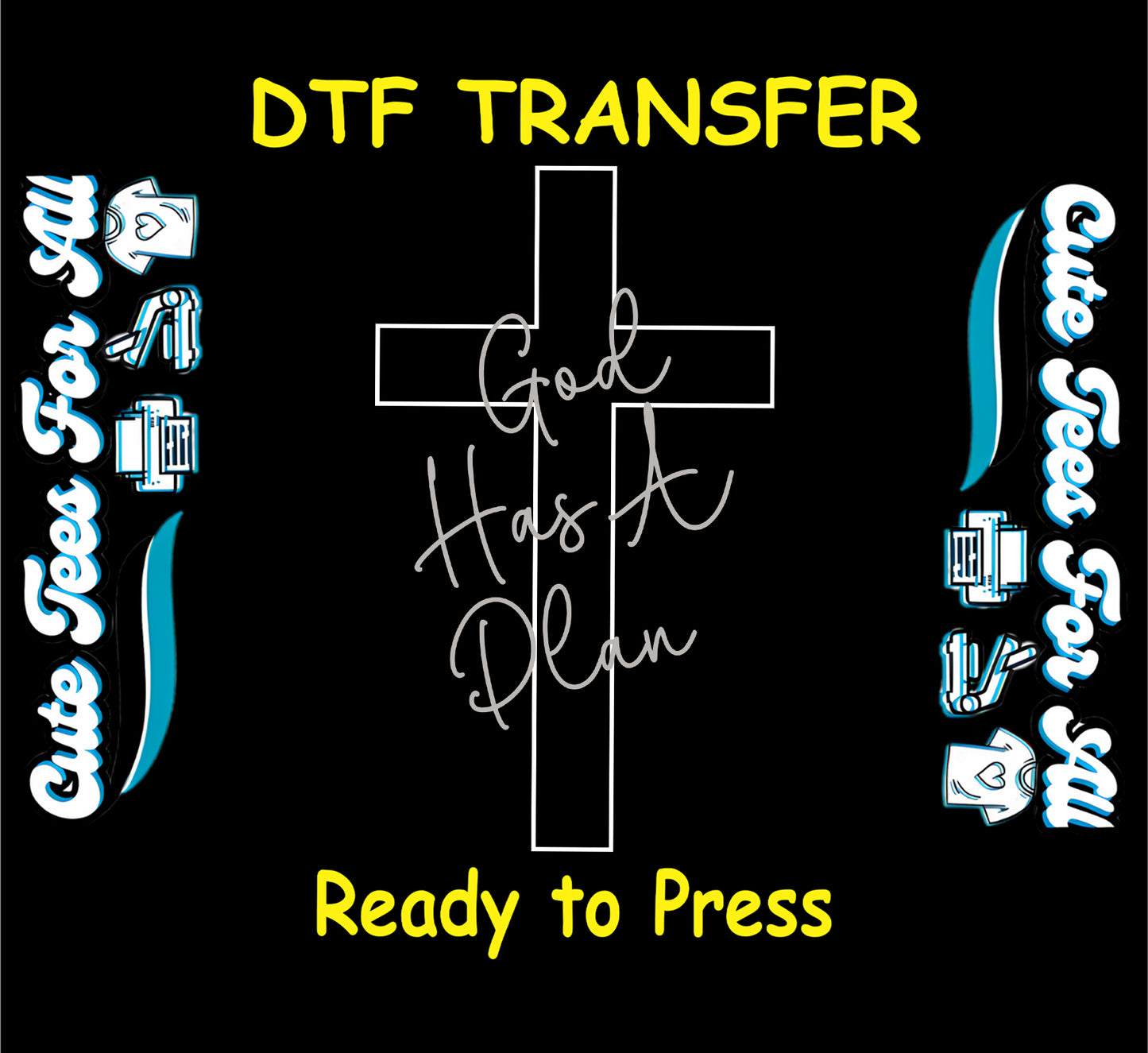 Ready to press dtf artwork featuring a minimalist Christian cross outline with the phrase God Has A Plan in simple script typography.